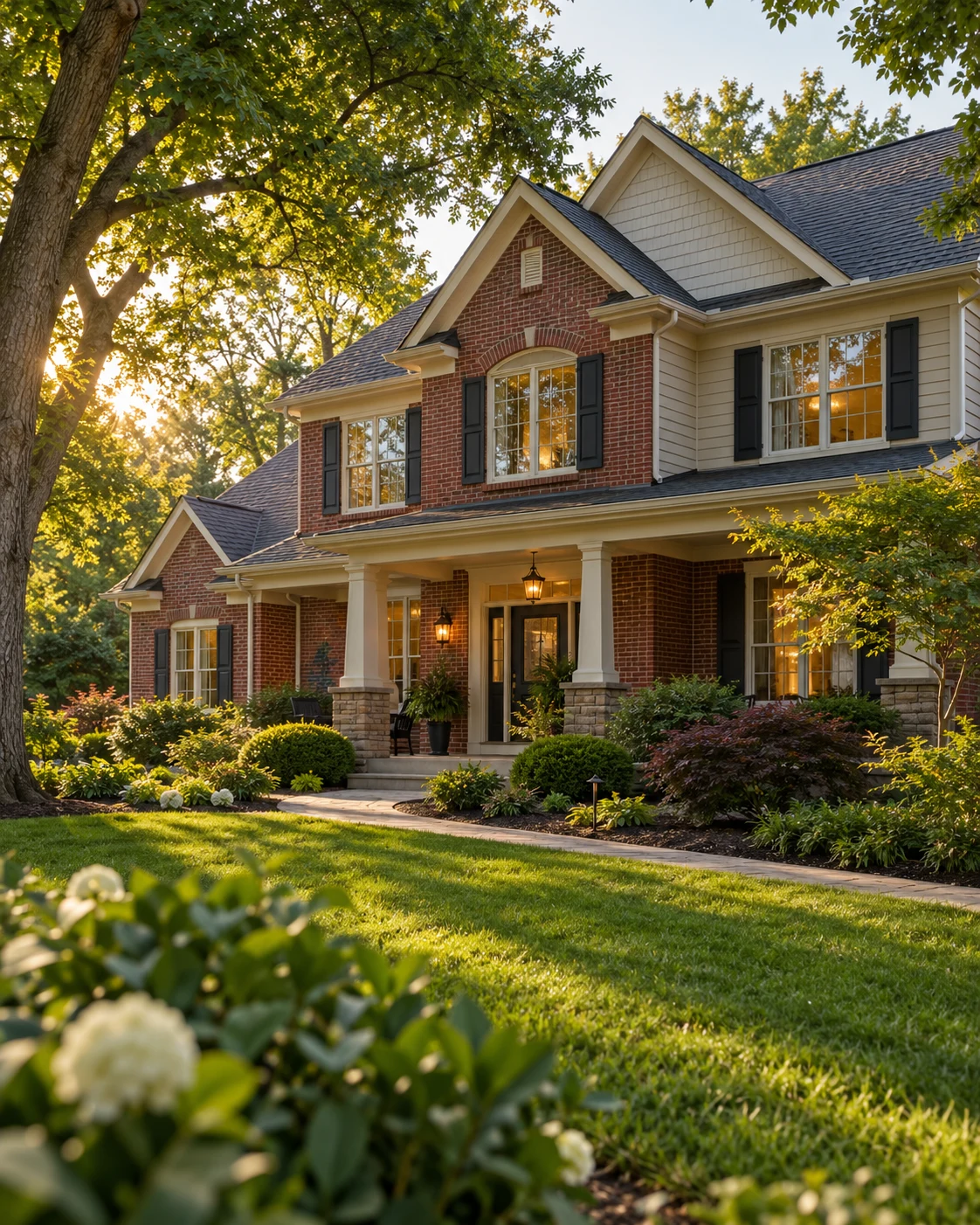 Illustrative Missouri-style brick home with a welcoming porch and green lawn